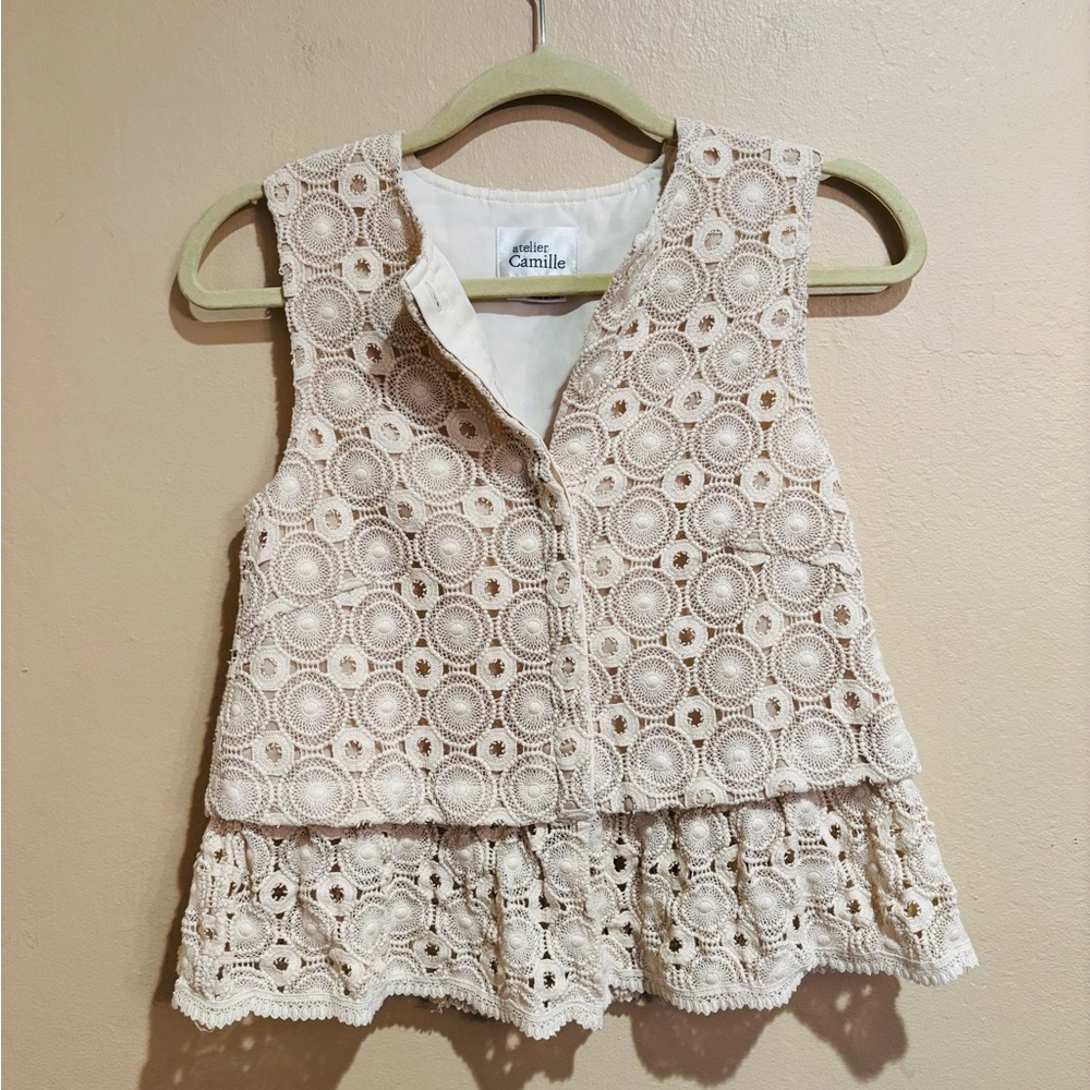 Ivory Crochet Peplum Tank Blouse, Button Up, Chic Elegance, Anthropologie XS